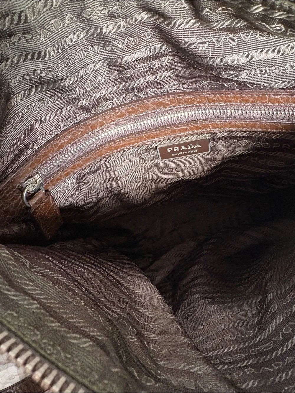 Prada Olive Nylon Messenger Bag with Brown Leather Trim